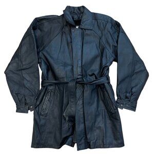 Wilda Leather Belted Trench Coat Faux Fur Liner Mens SZ L **Broken Zipper** VTG